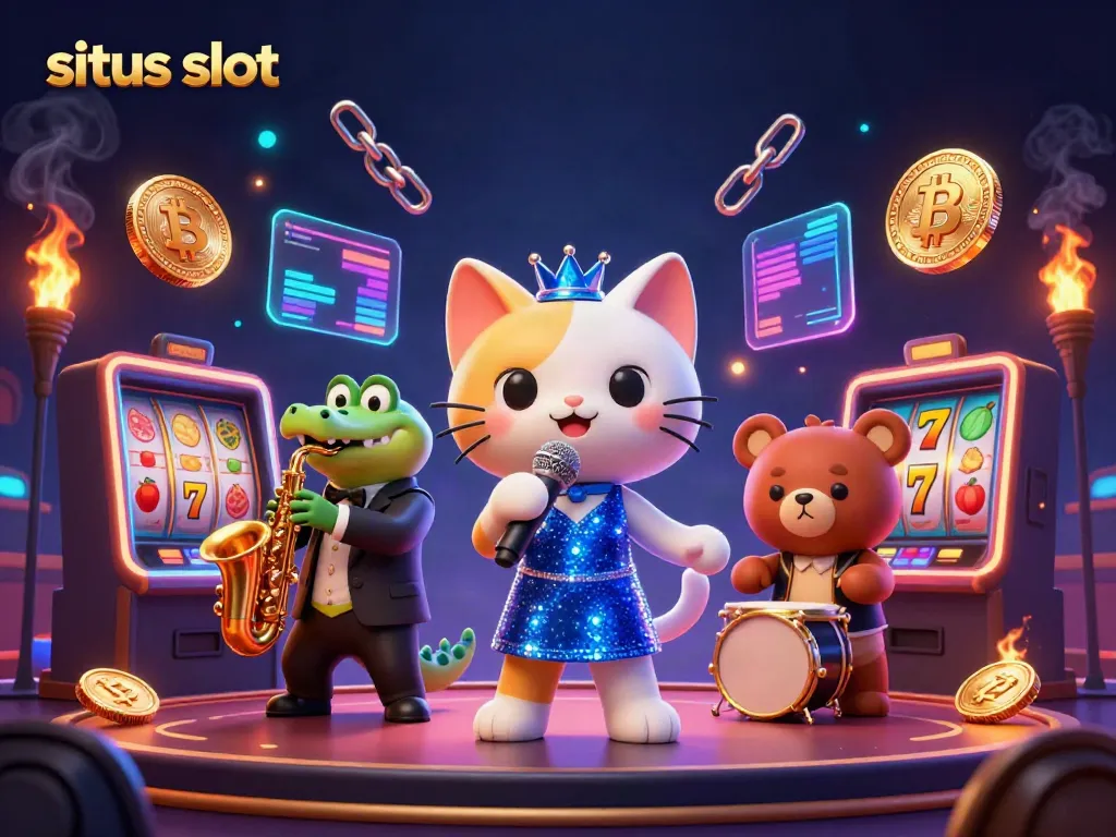 Interactive situs slot scene with a jazz-singer cat, saxophone crocodile, and drum-playing bear, capturing the casino spirit.