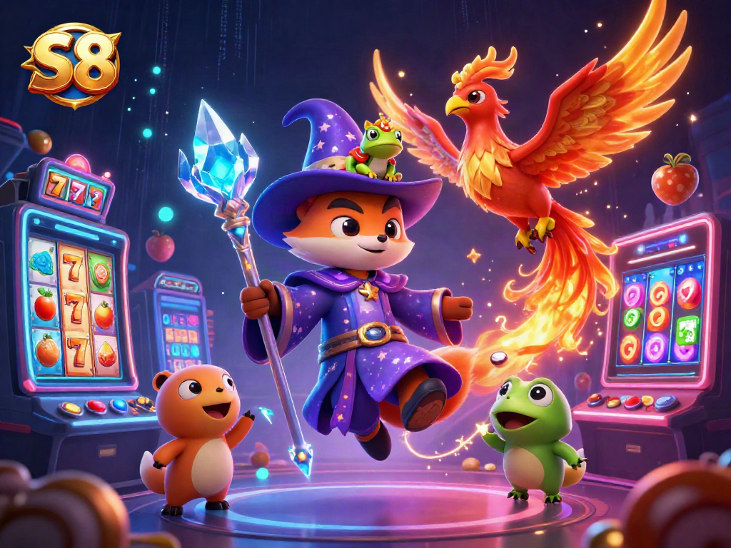 S8 reveals a mystical scene with a wizard fox and phoenix surrounded by vibrant slot elements.