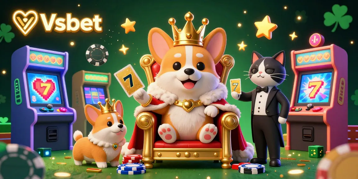 Experience thrilling casino fun at Vsbet with a vibrant 3D scene featuring royal corgis, poker chips, and game elements.