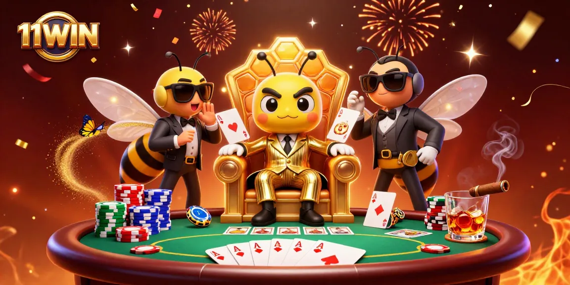 Engage with 11WIN's vibrant poker scene featuring a bumblebee mob boss and dynamic game elements.