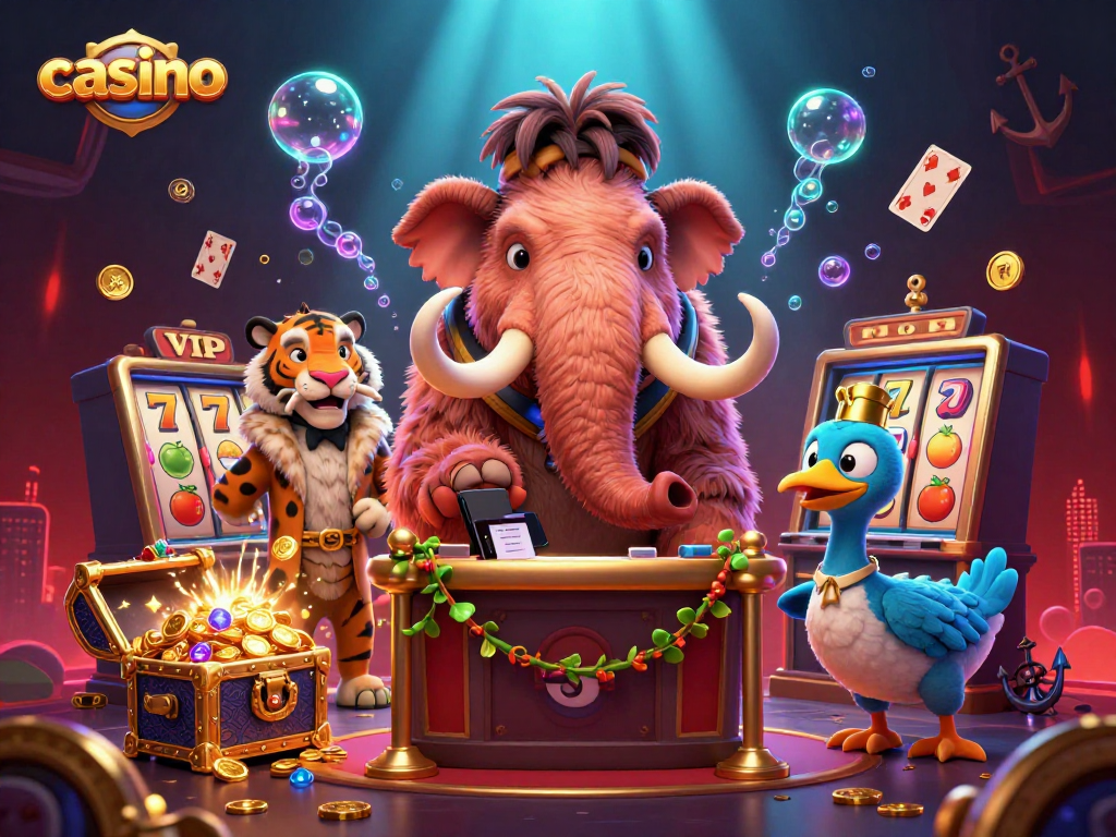 Capture the excitement of our casino with colorful slot machines and lively characters amidst riches.