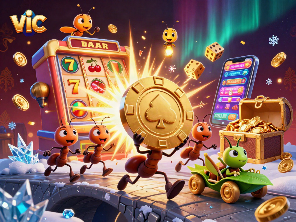 Vic team of ants stealing a giant poker chip amidst colorful casino explosions.