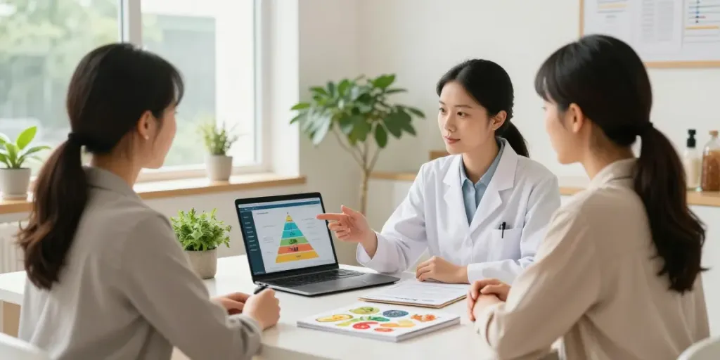 Naturopath London consultation setting with a health practitioner discussing dietary plans with a client amidst indoor plants and wellness materials.