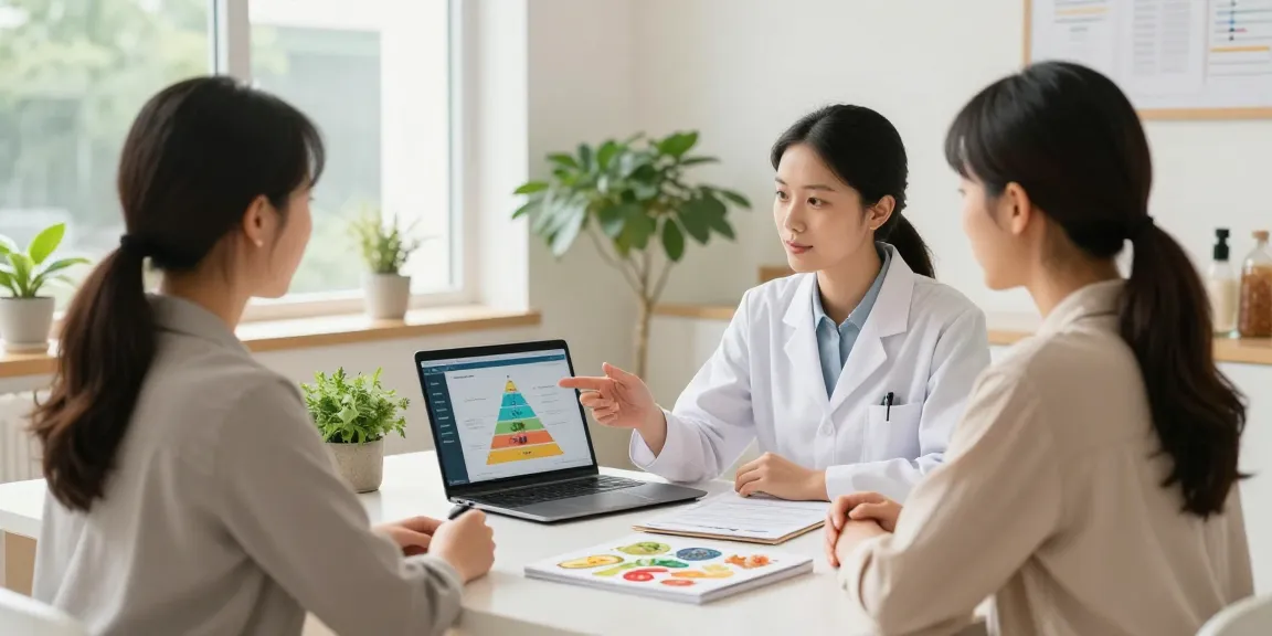 Naturopath London consultation setting with a health practitioner discussing dietary plans with a client amidst indoor plants and wellness materials.