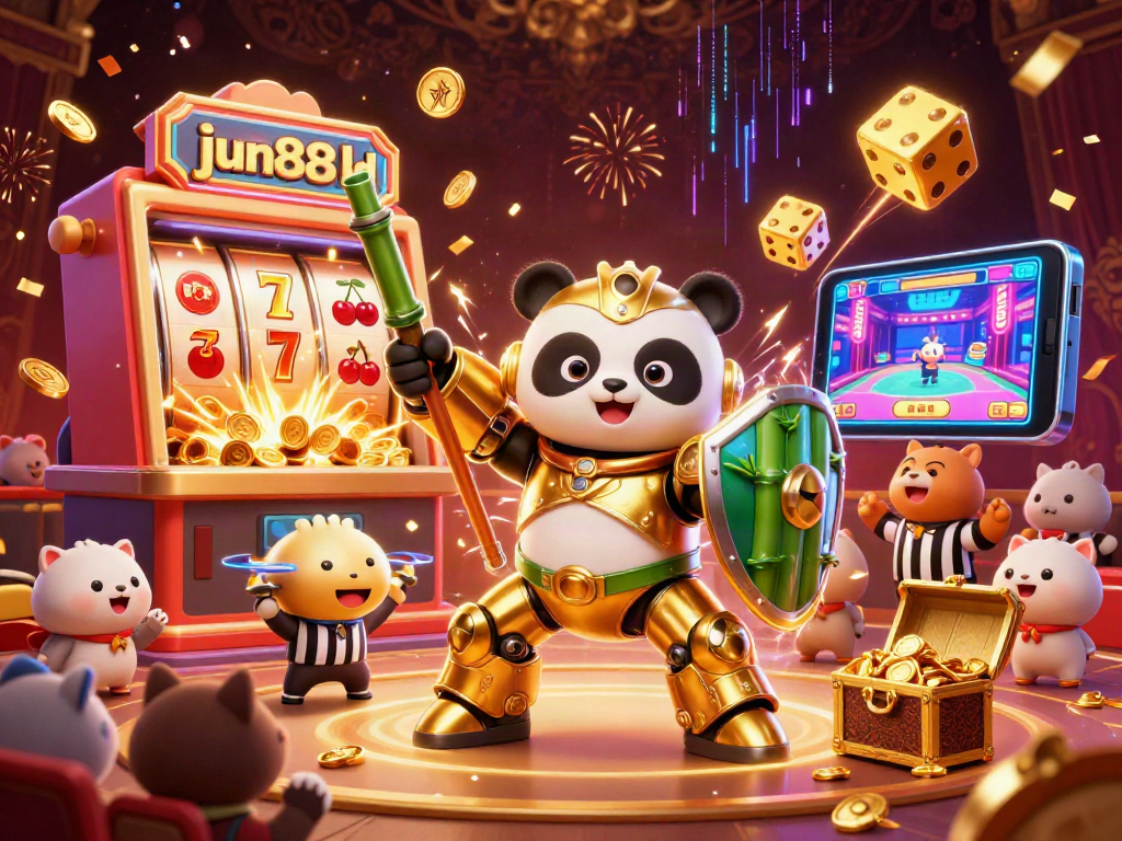 Experience the thrill of jun88ld with a dynamic 3D scene featuring a golden panda mech and casino elements.