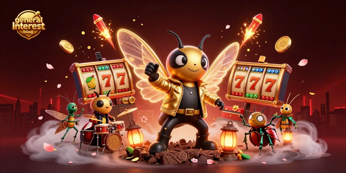 Engaging scene in general interest blog showing cicada rock star with slot reels and vibrant casino elements