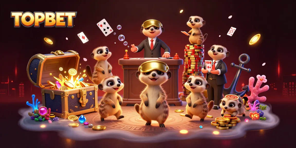 Experience exciting gaming at TOPBET while meerkats manage a vibrant casino operation.