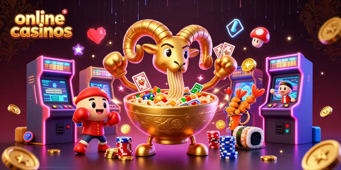 Discover vibrant online casinos featuring an animated golden ramen bowl and colorful arcade elements.
