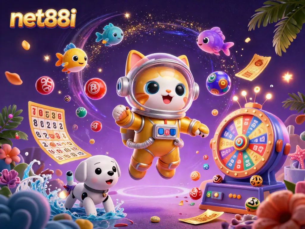 Engage with net88i’s vibrant gaming experience filled with lottery balls and dynamic casino elements.