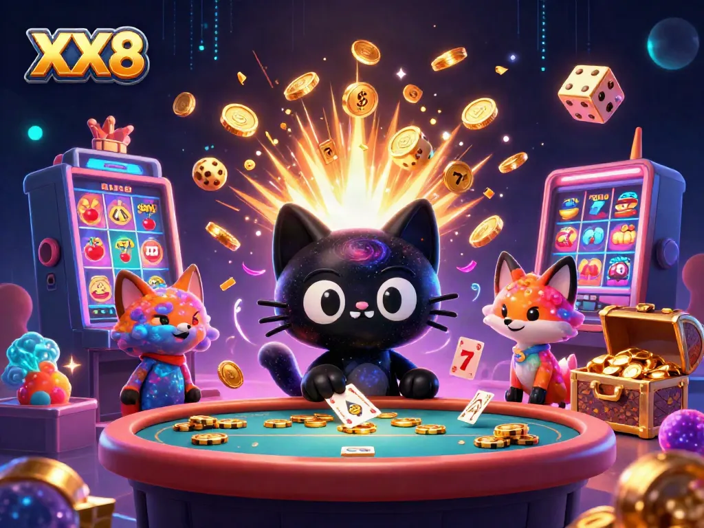 Experience thrilling gameplay at XX8 with a cosmic black hole cat and a nebula fox at a casino table.
