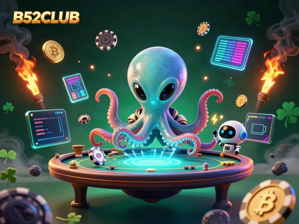 Experience the excitement of B52CLUB with a cosmic poker scene featuring an alien octopus and casino elements.