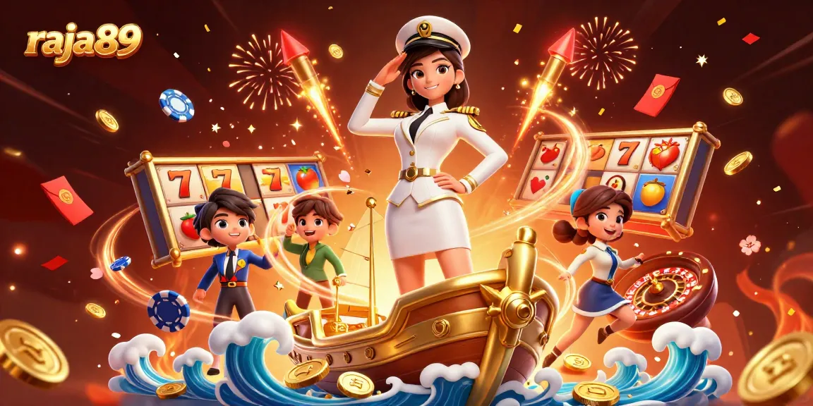 Experience raja89's thrilling gaming with vibrant slots, poker chips, and festive elements.
