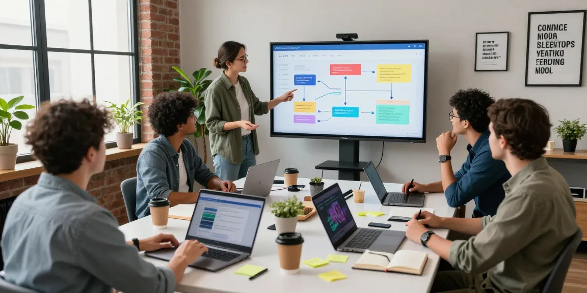 Busy tech team collaborating to build internal tools with AI in a modern office.