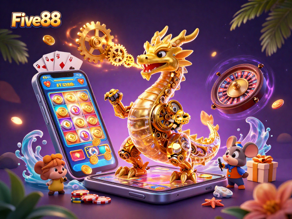 Engage with Five88's thrilling online casino experience as golden coins and game elements burst forth!