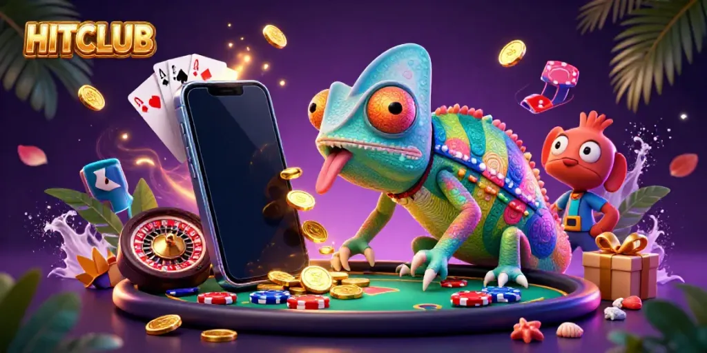Engage in thrilling casino action at HITCLUB with a colorful chameleon owner and exciting gaming elements.