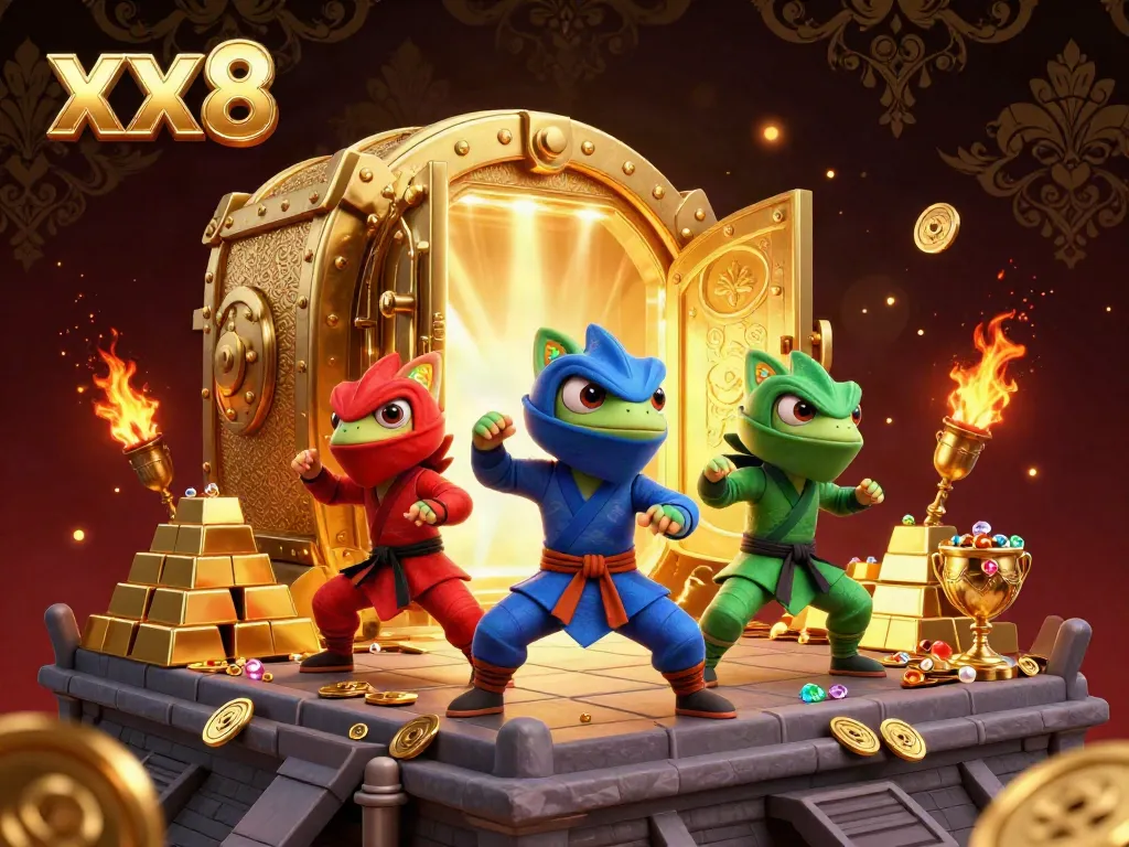 Experience the thrill of xx8 with ninja chameleons engaged in martial arts amidst riches in this dynamic casino-themed art.