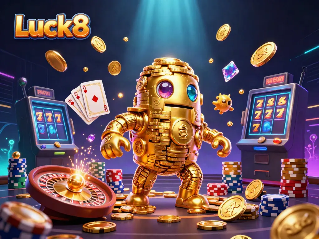 Luck8 showcases a vibrant scene with a golden golem and cascading coins, embodying the thrill of online gambling.