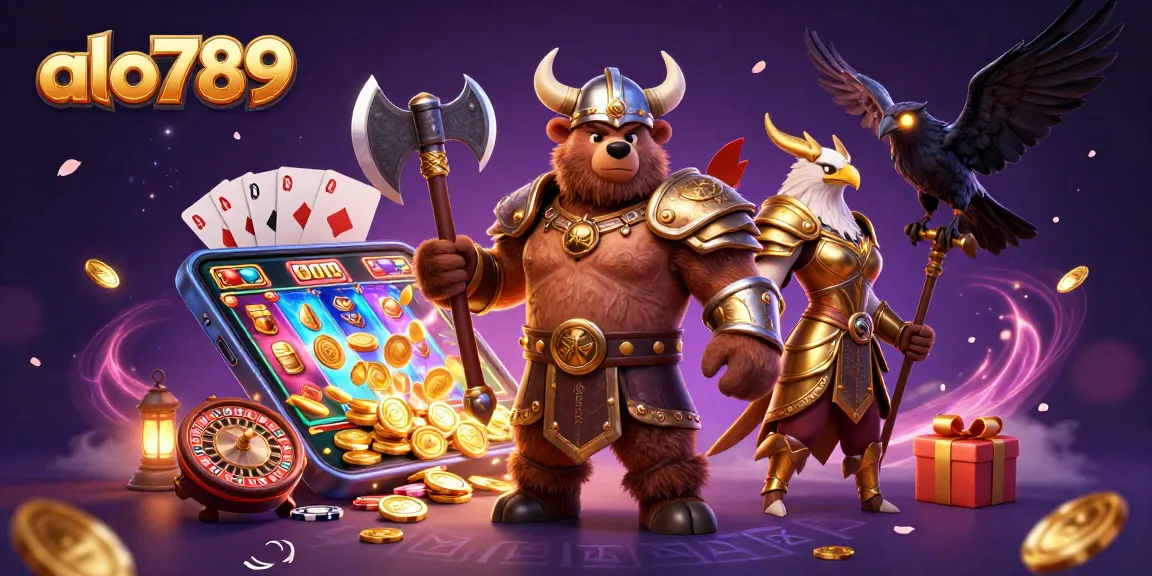 Witness the excitement of alo789 with a Viking bear, Valkyrie eagle, and casino elements in a vibrant scene.