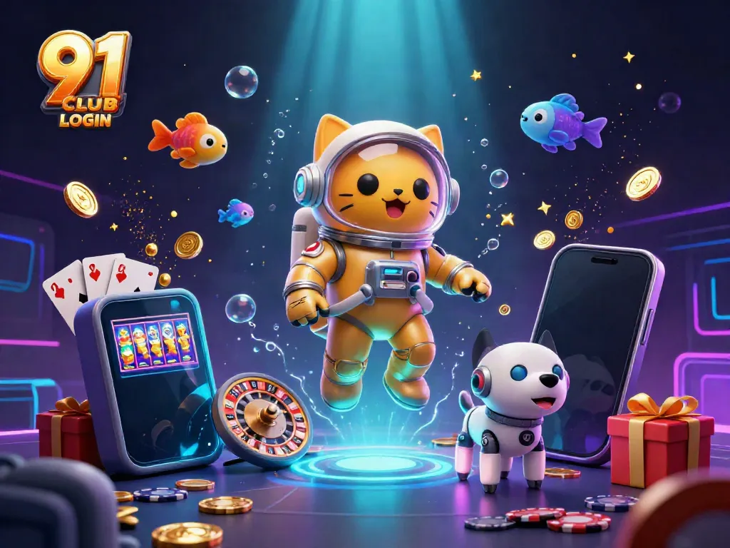 Engage in winning strategies with the 91 CLUB LOGIN featuring an astronaut cat in a casino-themed scene.