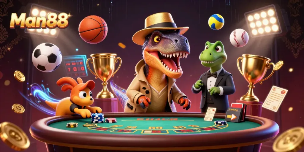Experience thrilling action at Man88 with a velociraptor card counter amidst dynamic sports elements.