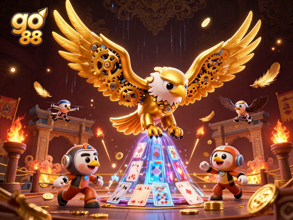Engage in thrilling action at go 88 with a 3D golden eagle amid holographic cards and casino elements.