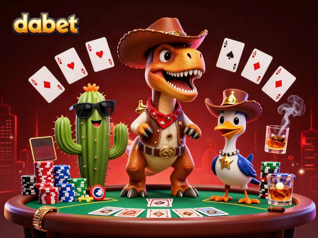 Join dabet's thrilling poker scene with T-Rex, cactus, and roadrunner in an action-packed casino setup.