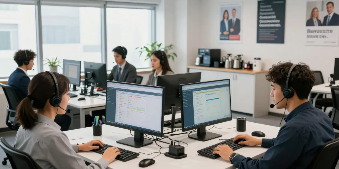 Call centre software utilized by diverse team in a modern workspace, showcasing collaborative efforts and engagement.