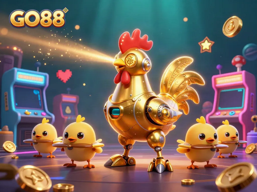 Engage in thrilling gameplay at GO88 with a vibrant 3D illustration featuring a golden rooster robot and baby chicks.