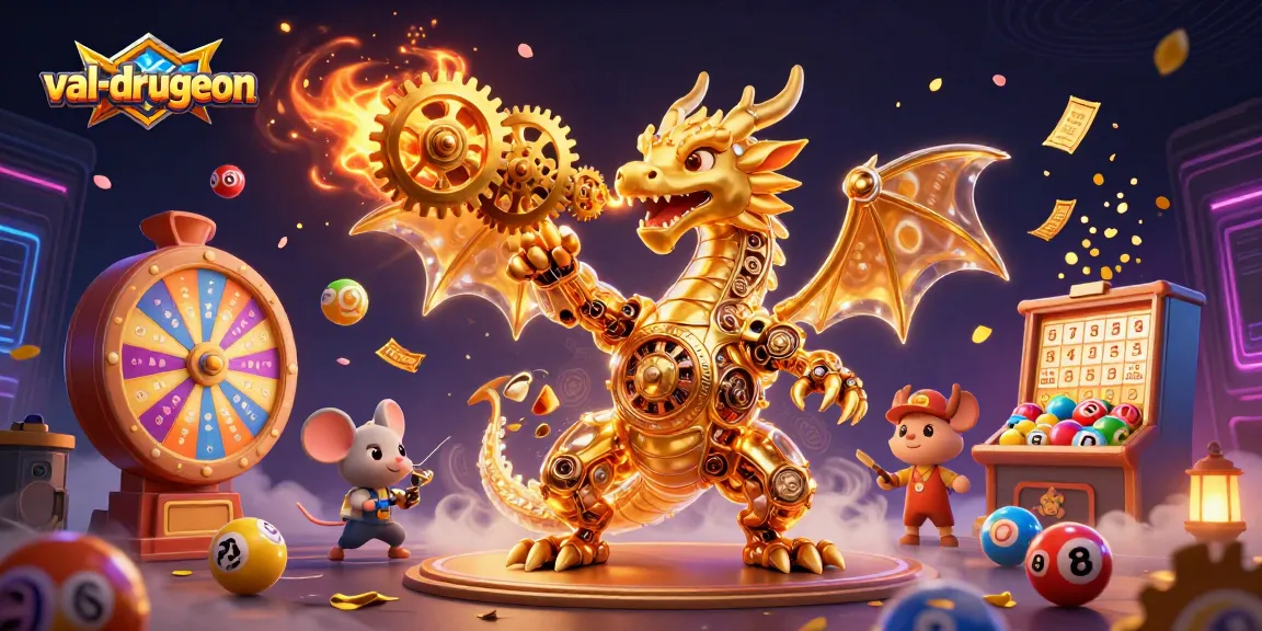 Experience excitement at val-drugeon with a captivating scene of a dragon surrounded by lottery elements and vibrant gaming symbols.