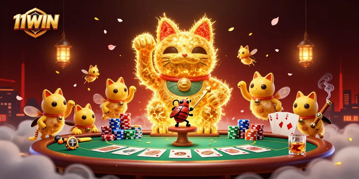 Experience luck with 11WIN's captivating illustration of a golden lucky cat and gaming elements.