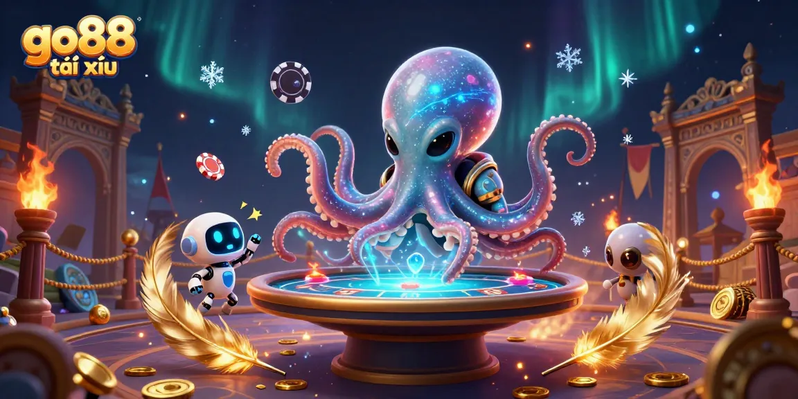 Engage in thrilling bets with go88 tài xỉu at a holographic poker table operated by a 3D alien octopus.