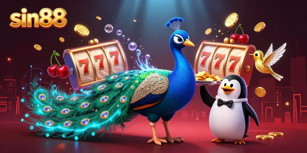 Spin the reels of sin88 with a dazzling 3D peacock in a vibrant casino scene.
