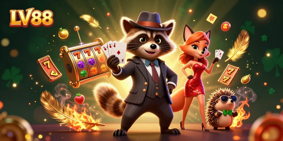 Win big at LV88 casino with a stylish raccoon, fox, and hedgehog in a vibrant gaming scene.