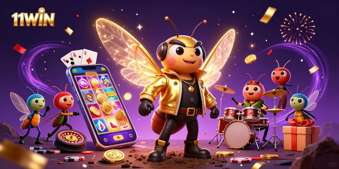 Engage with 11WIN's vibrant casino universe featuring a lively rock star and slot game action.