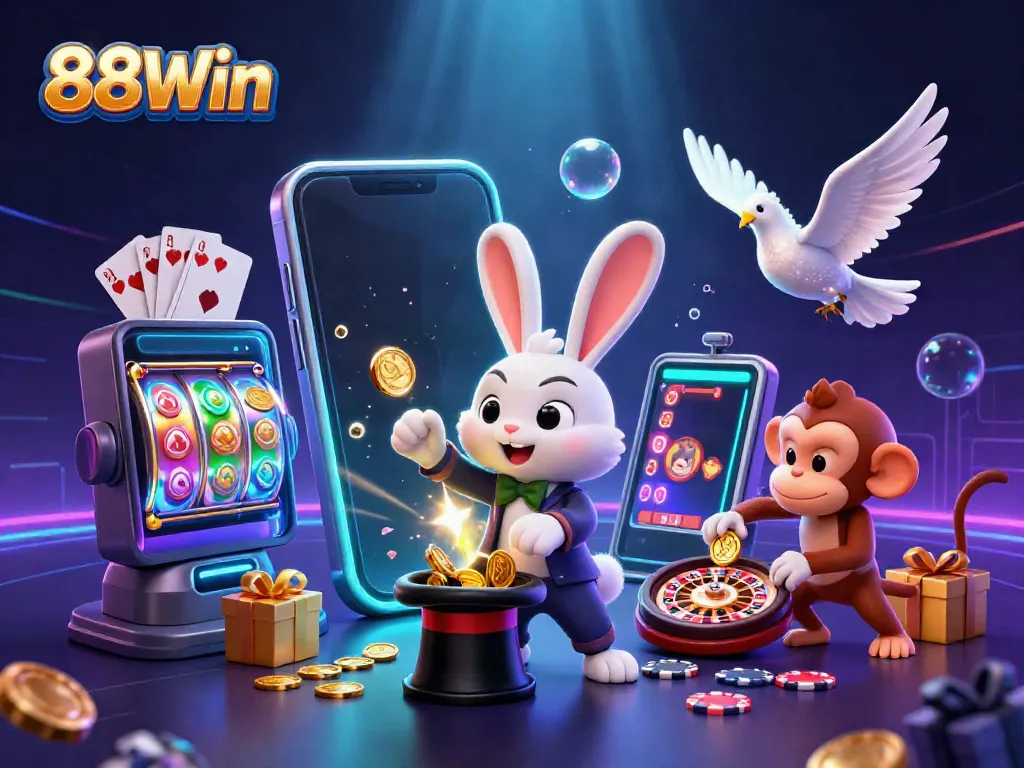 Engage with the exciting 88Win casino experience featuring a magician rabbit, glamorous dove, and a poker monkey.