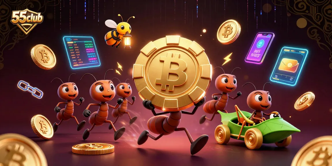 Join the 55club heist with animated ants, crypto coins, and thrilling casino action!