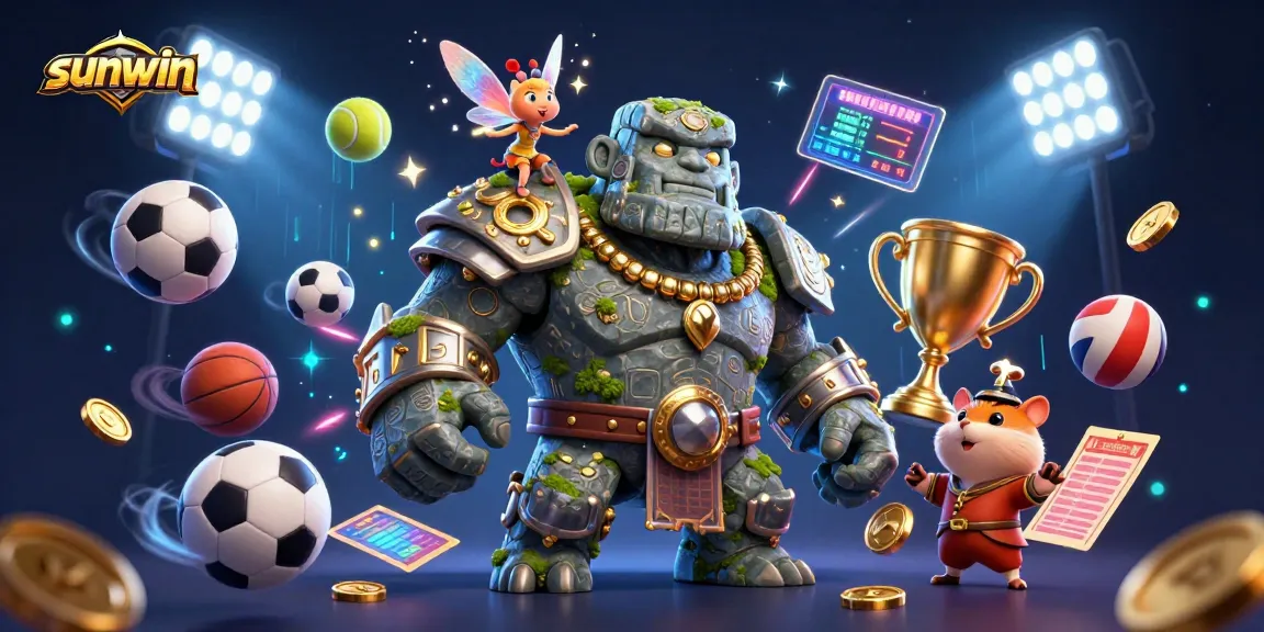 Experience thrilling action at sunwin with a magical scene of a golem and hamster knight amidst dynamic sports elements.
