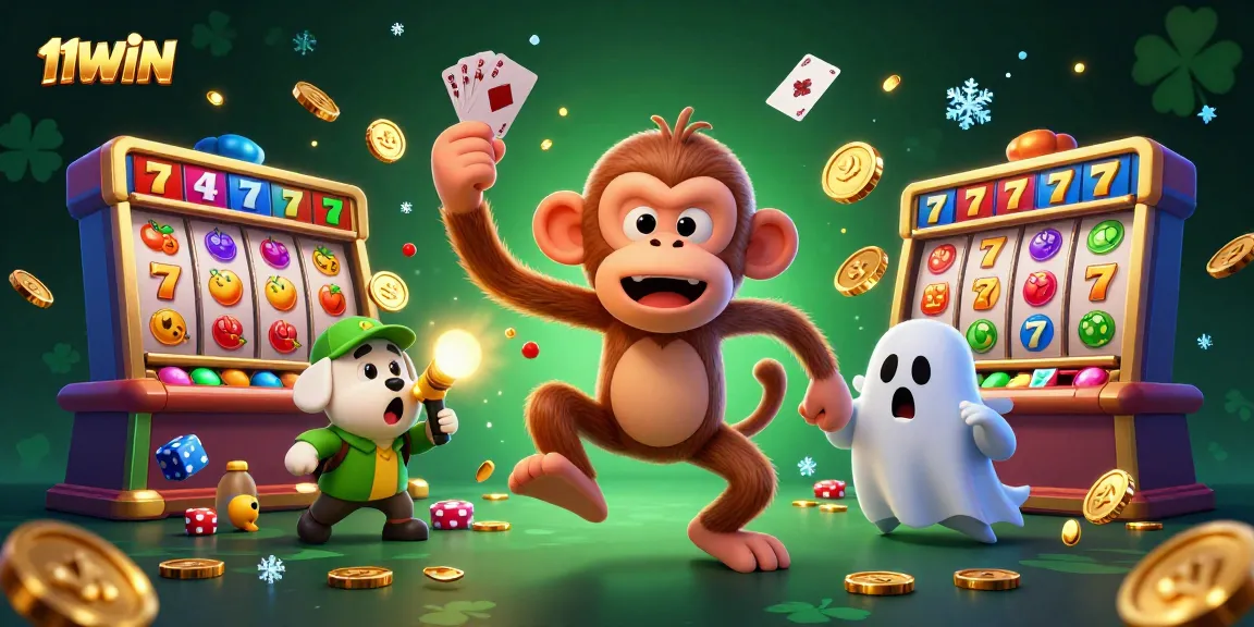 Engage with the thrill of 11WIN slots as a mischievous poltergeist monkey juggles golden treasures.
