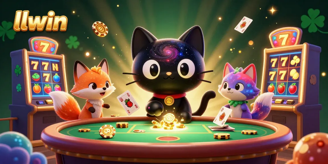 llwin cat at cosmic casino table, attracting chips and cards in a vibrant gaming scene.