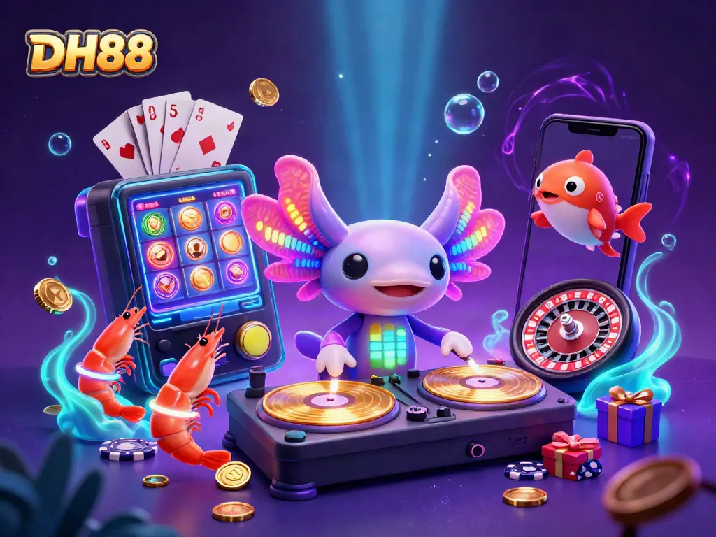 Join the fun at DH88 with an axolotl DJ spinning records in a vibrant casino scene.