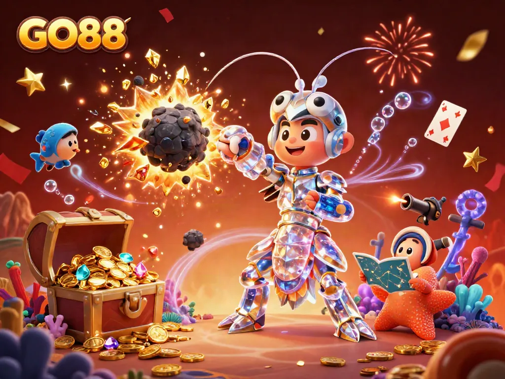 Experience the excitement at GO88 with vibrant samurai shrimp battling for treasures in a rich underwater world.