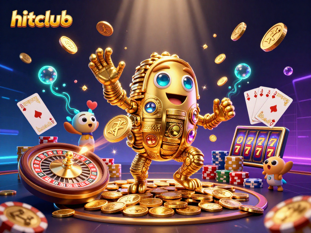Experience excitement at hitclub with a golden golem, spinning roulette, and vibrant gaming elements.