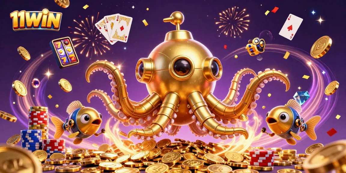 Experience thrilling wins with 11WIN's vibrant casino scene, featuring a golden kraken submarine amidst dazzling game elements.