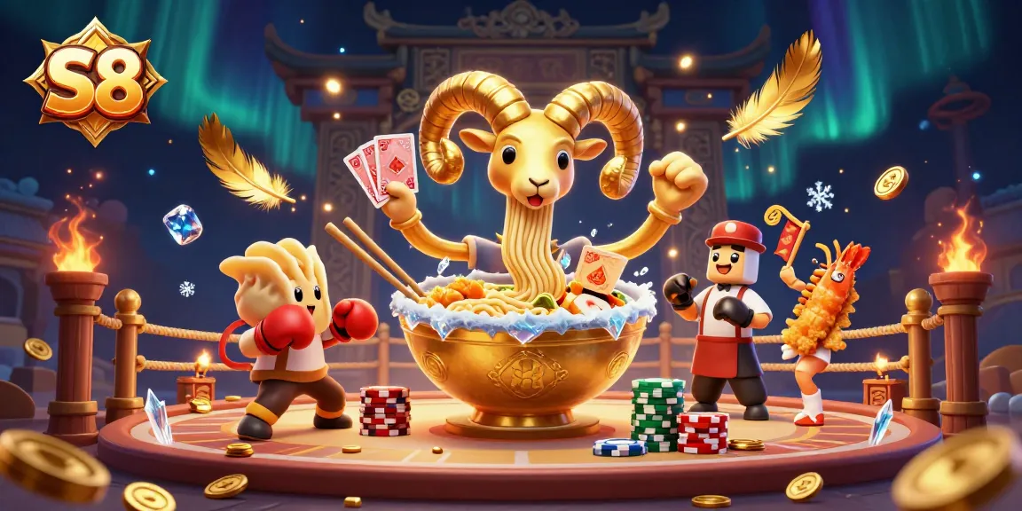 Engage with thrilling S8 games featuring a vibrant giant ramen bowl dealer amidst a dynamic casino scene.