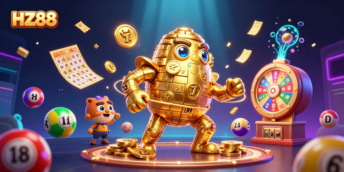 Play HZ88 at dynamic 3D gaming illustration with vibrant lottery balls and golden golem.