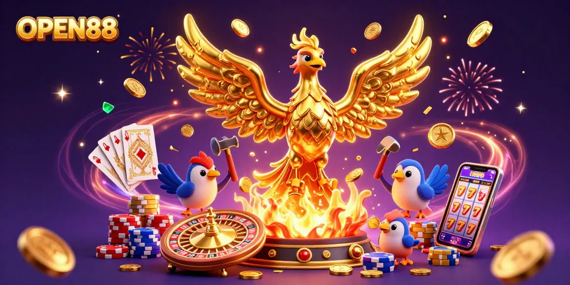 Experience the vibrant energy of OPEN88 with golden phoenix and casino elements in a dynamic scene.