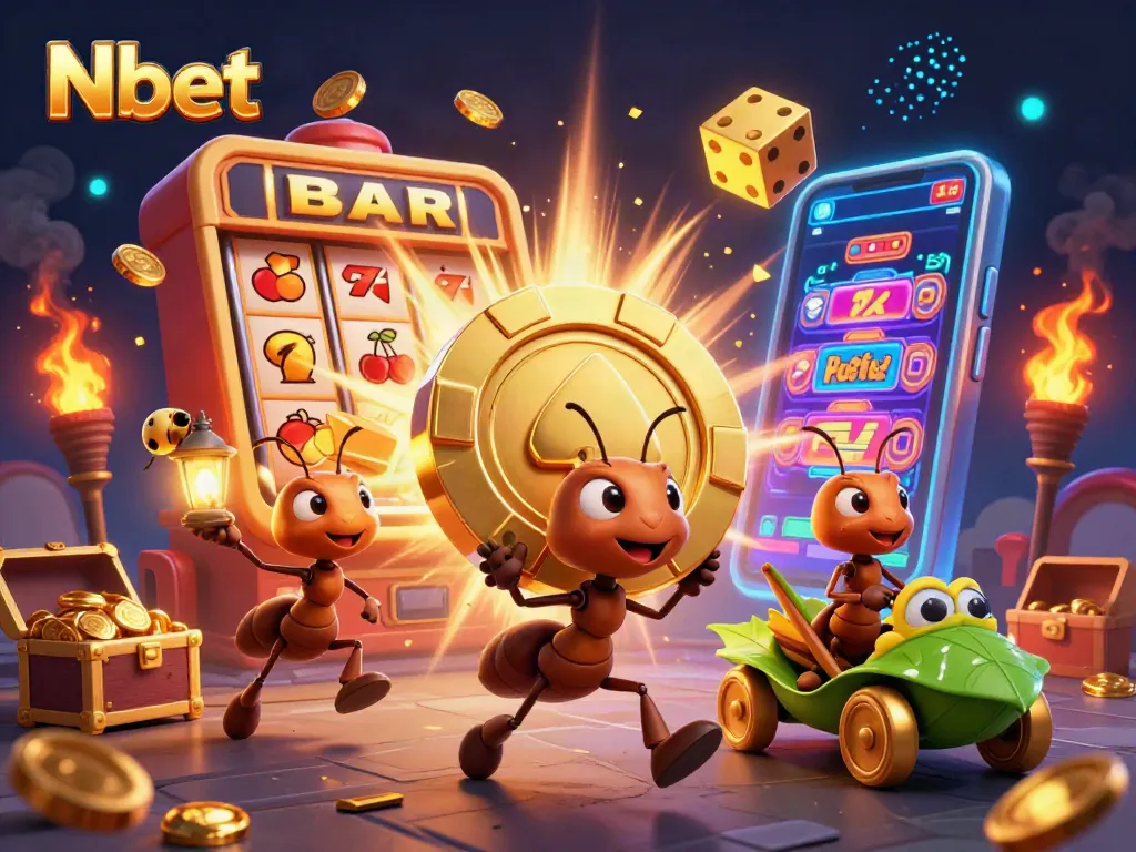 Nbet players carry giant poker chips to victory amidst a dynamic casino heist scene.