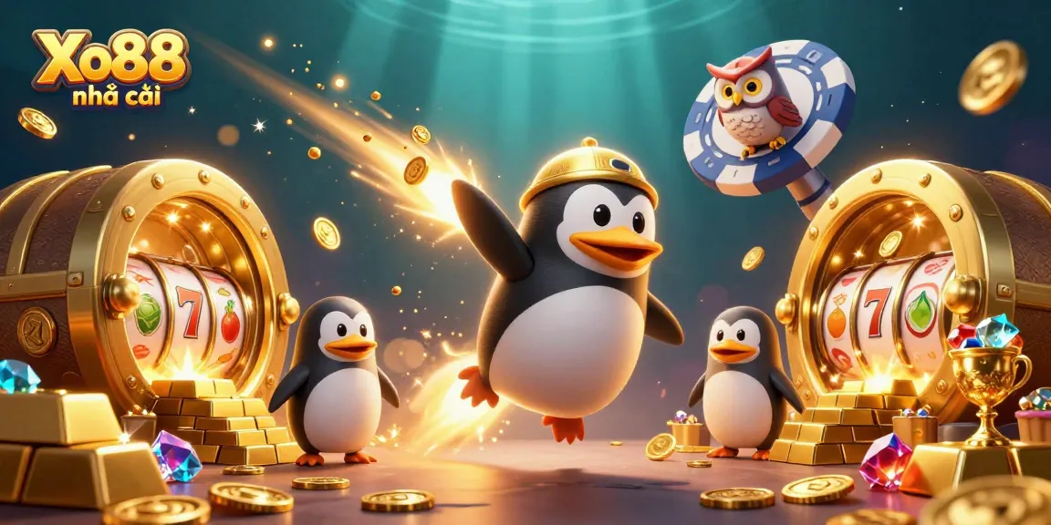 Xo88 nhà cái features an exciting 3D scene with a golden penguin and casino elements, highlighting vibrant gameplay.