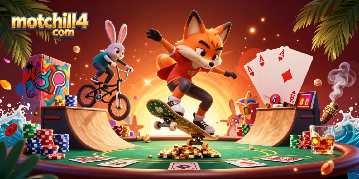 Engage with thrilling poker action at motchill4 com, featuring skateboard fox and BMX rabbit in a dynamic scene.