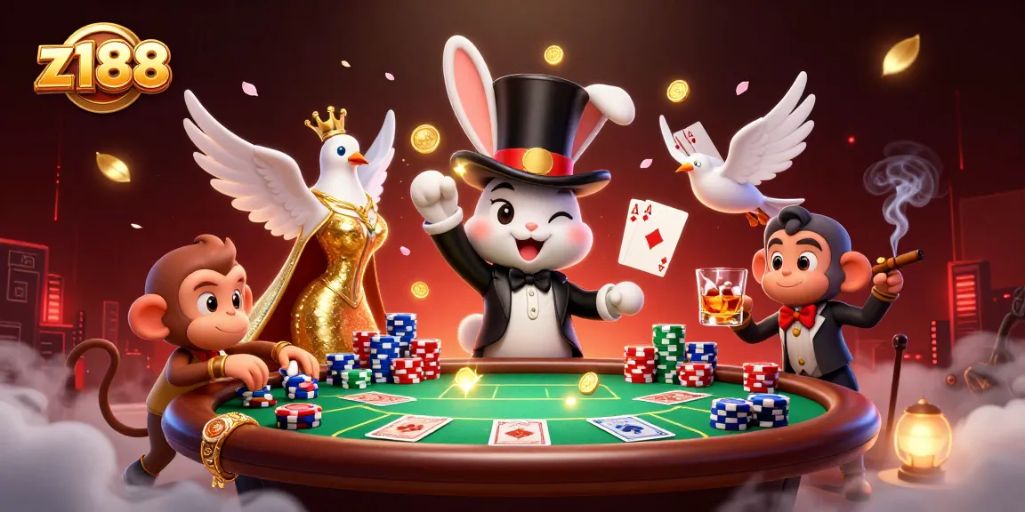 Experience thrilling gameplay at z188 with a cartoon magician, dove, and monkey surrounded by poker chips and gold coins.